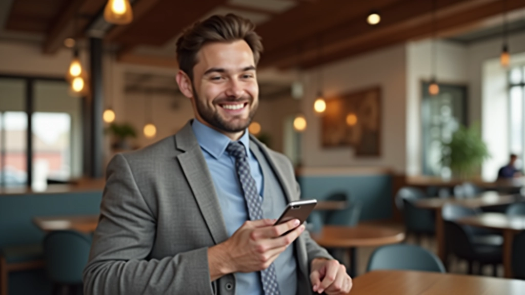 Žmogus žiūri į savo santaupos progresą mobiliajame telefone su džiaugsmu